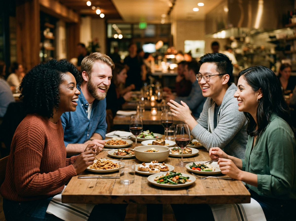 Happy diners enjoying their meal together at a restaurant